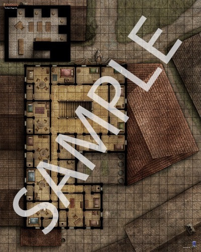 Pathfinder Flip-Mat: The Rusty Dragon Inn PDF sample map of the Rusty Dragon Inn's upper floors and basement and rooftops of nearby buildings