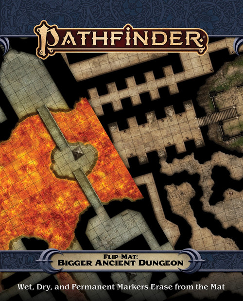 Pathfinder Flip-Mat: Bigger Ancient Dungeon PDF cover depicts two juxtaposed maps of a dungeon near a volcano and a mausoleum under a ruined city; Wet, Dry, and Permanent Markers Erase from the Mat