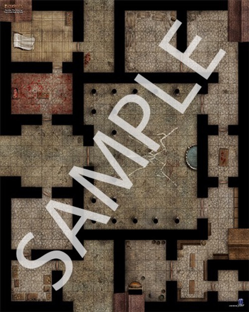 Pathfinder Flip-Mat: The Slithering sample map of a complex called the Plaza of the Feasting Fiend filled with gruesome rooms
