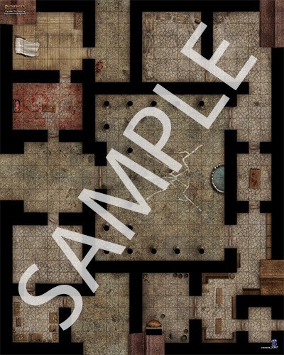 Pathfinder Flip-Mat: The Slithering PDF sample map of a complex called the Plaza of the Feasting Fiend filled with gruesome rooms
