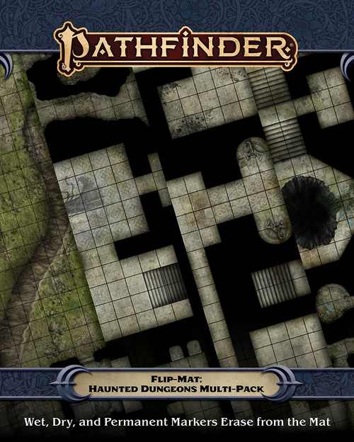 Pathfinder Flip-Mat: Haunted Dungeons PDF Multi-Pack cover depicts a ruined complex connected by narrow passages; Wet, Dry, and Permanent Markers Erase from the Mat