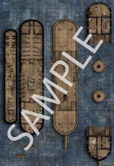 Pathfinder Flip-Mat: Bigger Pirate Ship sample map of an enormous sailing ship's different levels, including the deck, cabins, mess hall, and storage