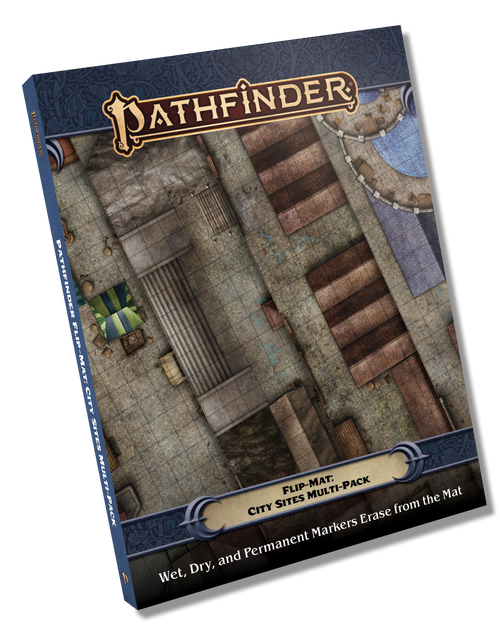 Pathfinder Flip-Mat: City Sites Multi-Pack PDF image of a book with its cover depicting four juxtaposed maps of various places of interest in the city; Wet, Dry, and Permanent Markers Erase from the Mat