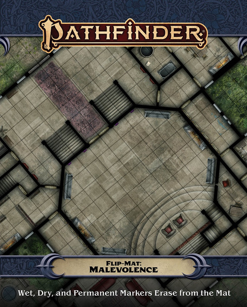 Pathfinder Flip-Mat: Malevolence Multi-Pack PDF cover depicts the foyer of a haunted mansion; Wet, Dry, and Permanent Markers Erase from the Mat