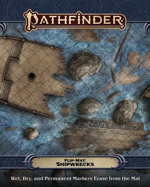 Pathfinder Flip-Mat: Shipwrecks PDF product image shows a section of a shipwreck against the rocks in a shallow section of water; wet, dry, and permanent markers erase from the mat.