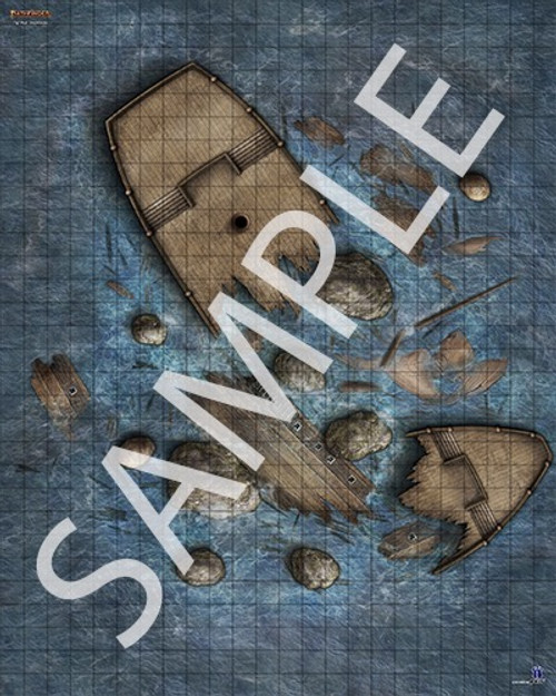 Pathfinder Flip-Mat: Shipwrecks PDF sample image shows a map of a shipwreck crashed against the rocks in shallow waters.
