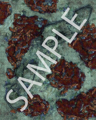 Pathfinder Flip-Mat: Shipwrecks PDF sample image shows a map of a sunken ship lying underwater in ruins among several coral reefs.