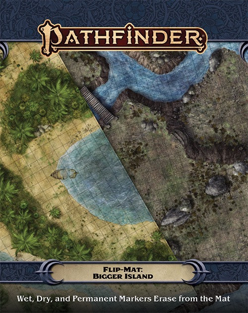Pathfinder Flip-Mat: Bigger Island product image shows two sections of maps that appear in this collection, a verdant island pond and a craggy rocky island; wet, dry, and permanent markers erase from the mat.