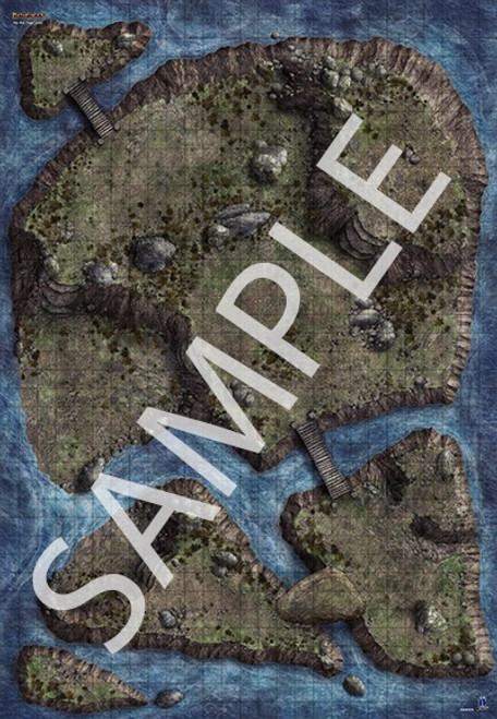 Pathfinder Flip-Mat: Bigger Island sample image shows a map of a rocky island bisected by a watery channel that can be crossed via a narrow bridge.