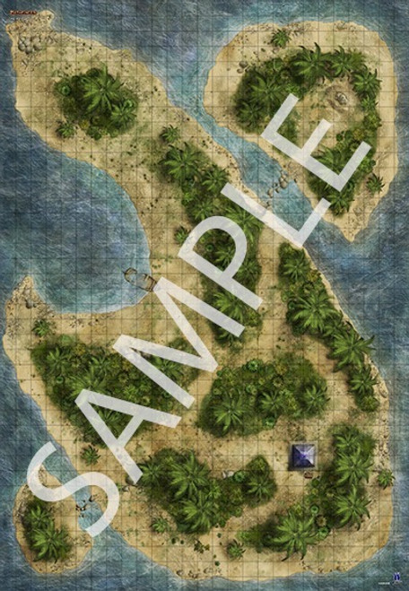 Pathfinder Flip-Mat: Bigger Island PDF sample image shows a map of an island with several patches of trees growing on it, with sandy beaches and a few smaller islets off to the side.