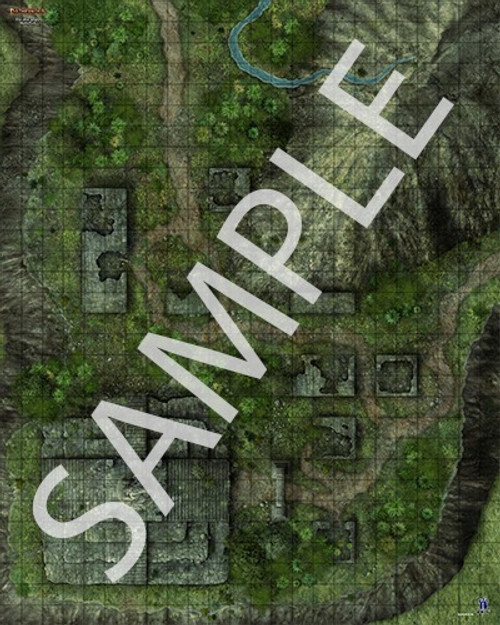 Pathfinder Flip-Mat: Jungle Multi-Pack sample image shows a map of several ruined stone buildings located in the depths of a jungle.