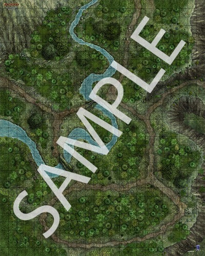 Pathfinder Flip-Mat: Jungle Multi-Pack PDF sample image shows a map of a winding stream flowing through a dense jungle in which several narrow paths twist.