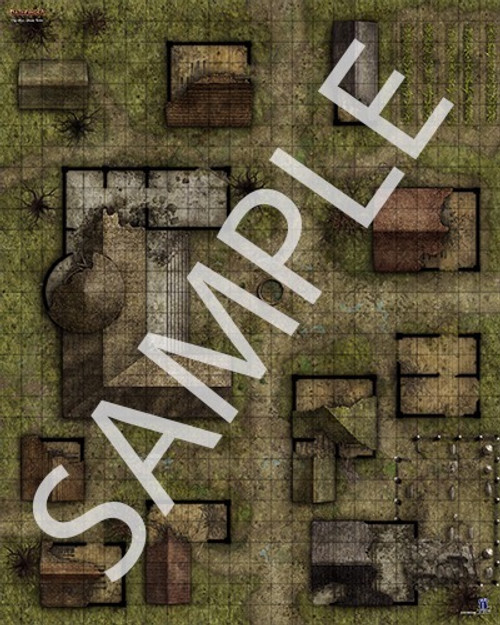 Pathfinder Flip-Mat: Ghost Towns sample image shows a map of an abandoned town consisting of one larger town hall and several smaller buildings built along overgrown streets.