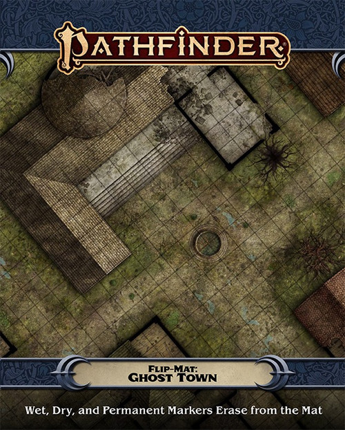 Pathfinder Flip-Mat: Ghost Towns PFF product image shows a section of an eerie abandoned village with an overgrown town square; wet, dry, and permanent markers erase from the mat.