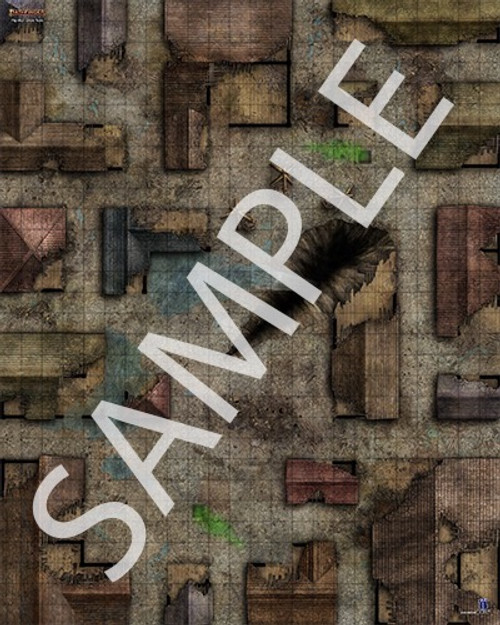 Pathfinder Flip-Mat: Ghost Towns PDF sample image shows a map of a section of abandoned buildings that might be part of a larger city, yet this neighborhood has been left to fall to ruins.