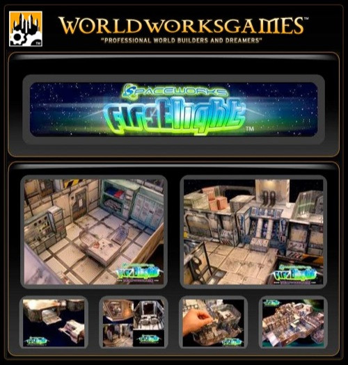 SpaceWorks: First Light PDF features screenshots of futuristic cityscapes, in-game settings, and logos of Spaceworks and Worldworks branding with a cityscape backdrop, professional world-building software.