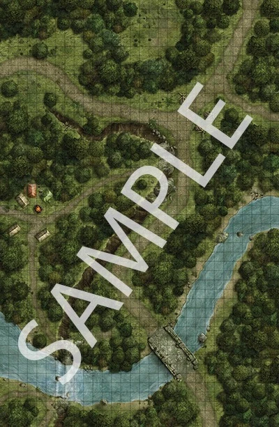 Pathfinder Flip-Mat: Enormous Forest sample image shows a map of a forest with a river; a bridge crosses the river, while winding paths traverse the woods, one of which leads to a hidden campsite.