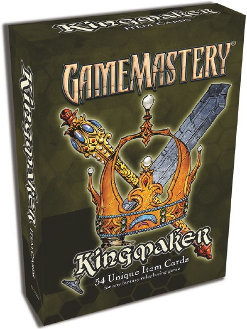 GameMastery Item Cards: Kingmaker product image has a cover image of a gold crown, a gold scepter, and a wide-bladed bastard sword.