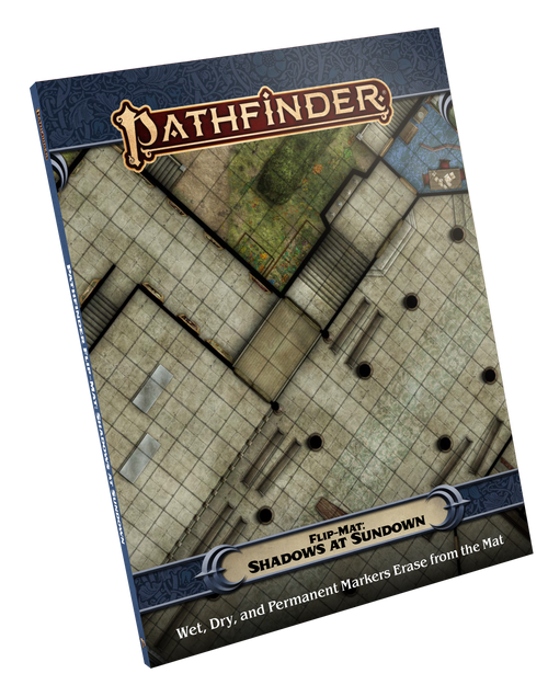 Pathfinder Flip-Mat: Shadows at Sundown PDF product image shows a section of a gothic cathedral; wet, dry, and permanent markers erase from the mat.