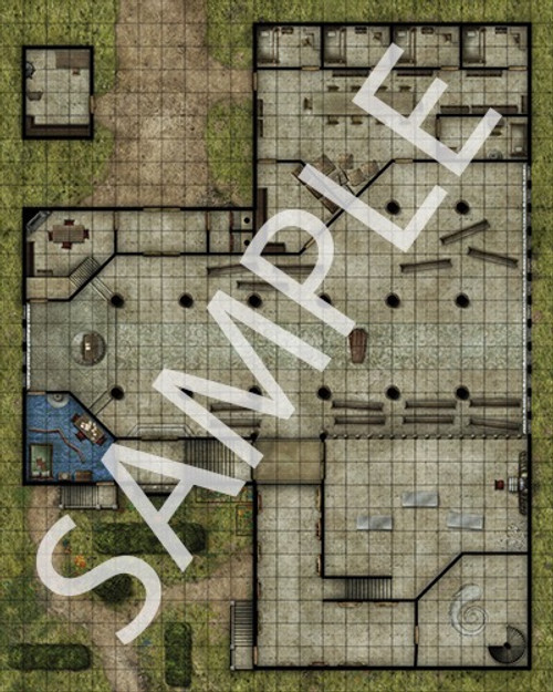 Pathfinder Flip-Mat: Shadows at Sundown PDF sample image shows a map of a gothic cathedral, including a small outbuilding and a garden.