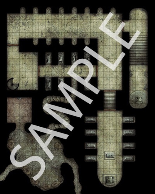 Pathfinder Flip-Mat: Shadows at Sundown PDF sample image shows a map of underground catacombs located under a cathedral, with many niches in the walls for dead bodies to lie in rest.
