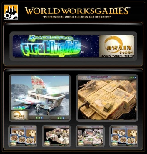 SpaceWorks FirstLight Retrofit PDF featuring aircraft graphics, cargo containers and WorldWorksGames logo. Professional world-building tool with Accurfix and Owain Yards Retro branding, suitable for dreamers and creators in role-playing games.