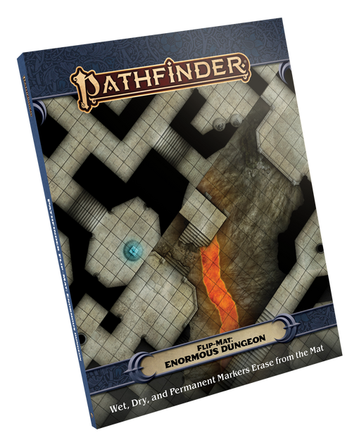 Pathfinder Flip-Mat: Enormous Dungeon PDF product image shows a section of underground dungeon featuring twisting corridors and a river of lava; wet, dry, and permanent markers erase from the mat.