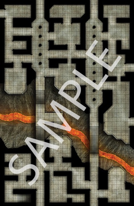 Pathfinder Flip-Mat: Enormous Dungeon PDF sample image shows a map of an underground dungeon split into two halves by a chasm through which a river of lava gurgles.