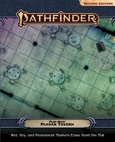 Pathfinder Flip-Mat: Planar Tavern product image shows a section of a large tavern with several round tables to sit and relax at; wet, dry, and permanent markers erase from the mat.