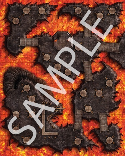 Pathfinder Flip-Mat: Planar Tavern sample image shows a map of a tavern that’s built atop several rocky islands surrounded by a sea of fiery lava.