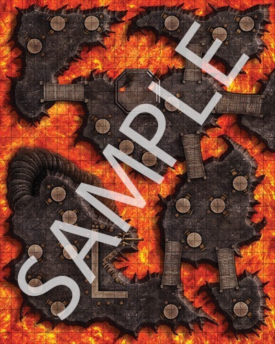 Pathfinder Flip-Mat: Planar Tavern sample image shows a map of a tavern that’s built atop several rocky islands surrounded by a sea of fiery lava.