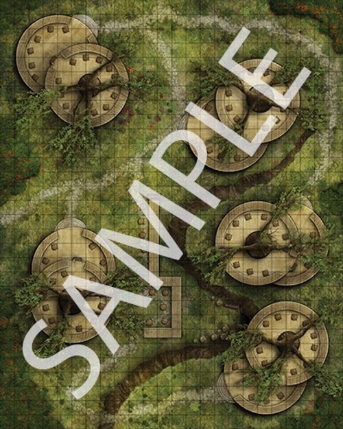 Pathfinder Flip-Mat: Planar Tavern PDF sample image shows a map of an unusual tavern that occupies several circular platforms built around tree trunks.