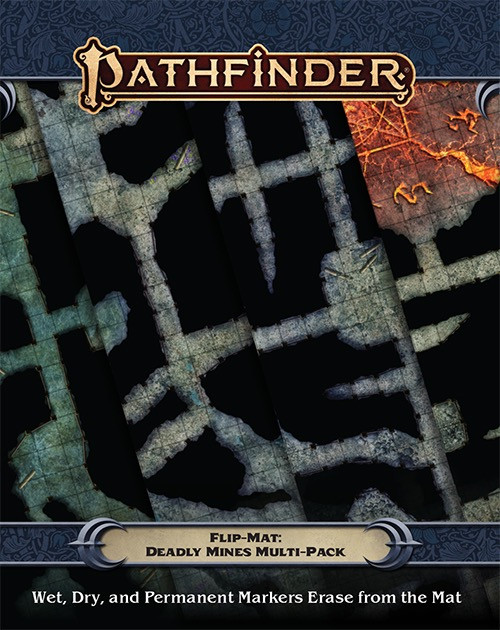 Pathfinder Flip-Mat: Deadly Mines Multi-Pack product image shows a section of a dangerous looking mine, its twisting tunnels collapsed into caverns in some places and overlooking a large sinkhole filled with lava in another; wet, dry, and permanent markers erase from the mat.