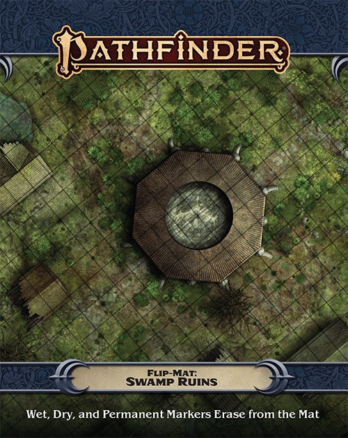 Pathfinder Flip-Mat: Swamp Ruins PDF product image shows a swampy swath of marshland in which a circular ruined building stands; wet, dry, and permanent markers erase from the mat.