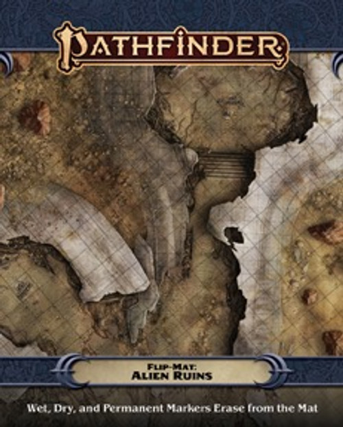 Pathfinder Flip-Mat: Alien Ruins PDF product image shows a strange set of ruined structures with a weird alien architecture found in a rocky badland; wet, dry, and permanent markers erase from the mat.