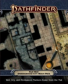 Pathfinder Flip-Mat: Underground City Multi-Pack product image shows four sections of the subterranean settlement maps featured in this product; wet, dry, and permanent markers erase from the mat.