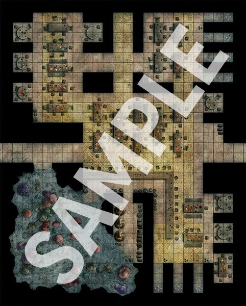Pathfinder Flip-Mat: Underground City Multi-Pack sample image shows a map of an underground tavern with adjoining caverns and several nooks for merchants to set up shops.