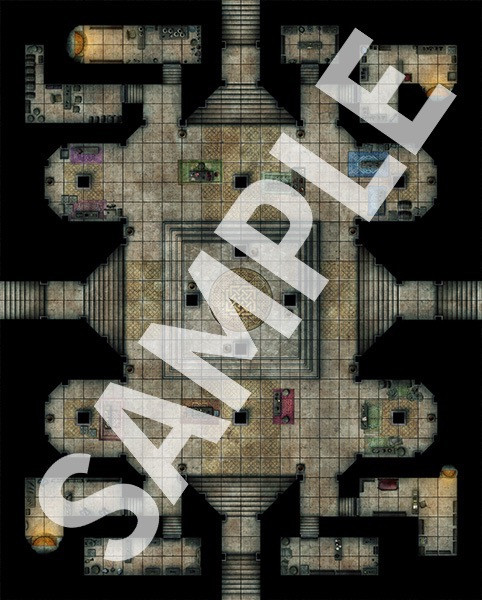 Pathfinder Flip-Mat: Underground City Multi-Pack PDF sample image shows a map of an underground marketplace surrounded by smaller chambers.