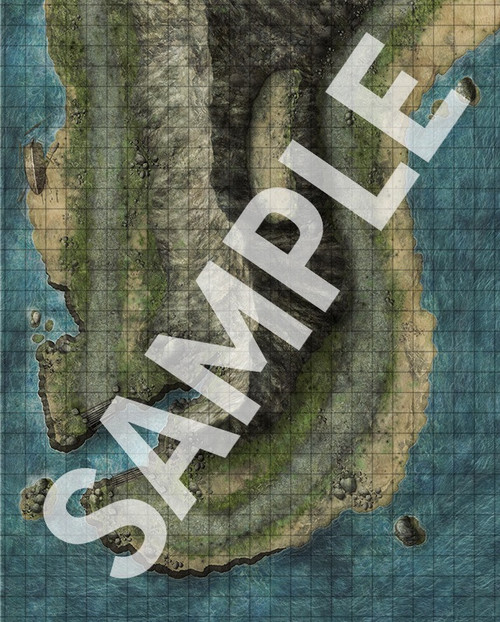 Pathfinder Flip-Mat: Rusthenge sample image shows a map of a rugged coastal peninsula with a narrow trail winding around a ridge; a portion of the trail has washed out and collapsed into the ocean surf below.