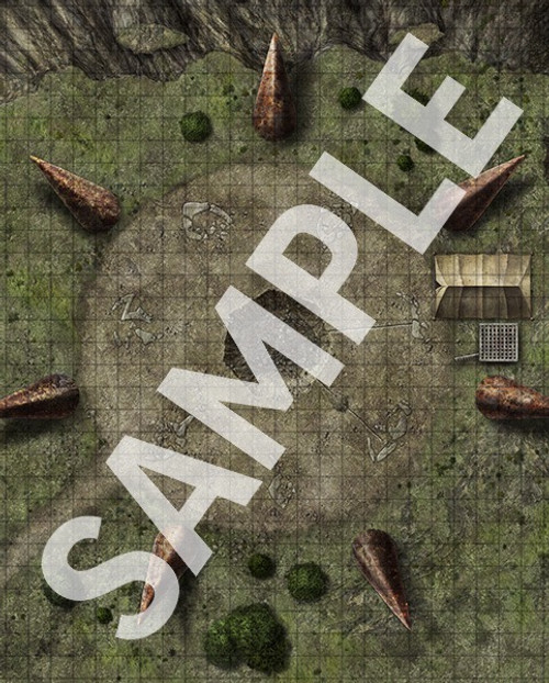 Pathfinder Flip-Mat: Rusthenge PDF sample image shows a map of a circular set of seven rusted metal pylons arranged in a circle; a small campsite sits to one side.