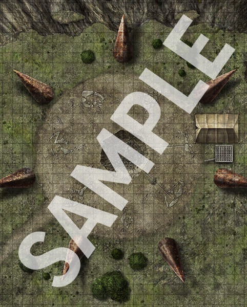 Pathfinder Flip-Mat: Rusthenge PDF sample image shows a map of a circular set of seven rusted metal pylons arranged in a circle; a small campsite sits to one side.
