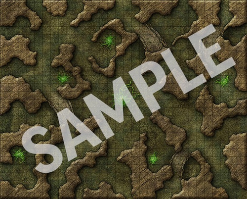 Pathfinder Flip-Mat: Planes of Metal and Wood sample image shows a map of a set of twisting cave-like chambers, except the walls are made entirely of wood, with vegetation growing throughout the tunnels.