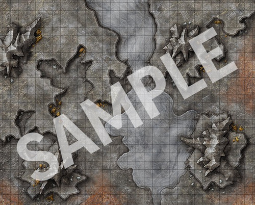 Pathfinder Flip-Mat: Planes of Metal and Wood PDF sample image shows a map of an iron-colored wasteland of metal ridges and rusted shores to either side of a quicksilver river.