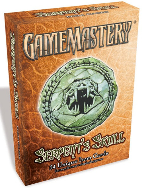 GameMastery Item Cards: Serpent’s Skull Deck product image has a cover image of a circular stone disk on which has been carved the front-on view of a fanged snake’s skull.
