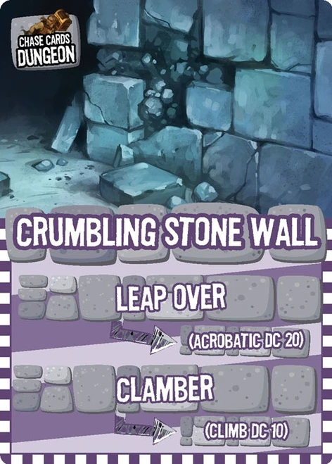 GameMastery Chase Cards Deck sample card depicts a Crumbling Stone Wall that’s made a pile of rubble; the options to traverse are “Leap Over” or “Clamber.”