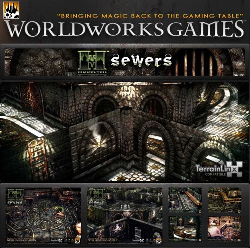 Medieval sewer map PDF by Worldworks Games, features dark stone arches and vaulted ceiling, showcasing various views and logos for the game and brand, a downloadable PDF game accessory.