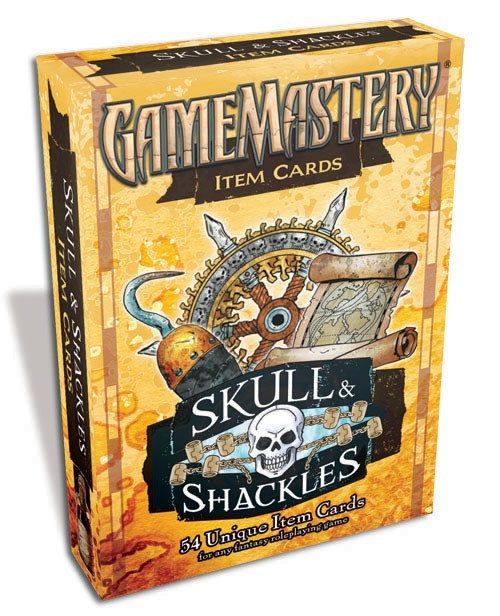 GameMastery Item Cards: Skull & Shackles product image has a cover image of a treasure map, a hook hand, and a ship’s wheel.