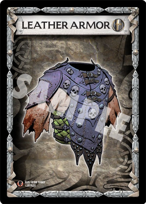 GameMastery Item Cards: Skull & Shackles sample card has the title, “Leather Armor” and depicts a gray and brown leather chest plate.