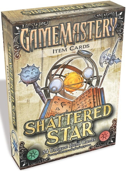 GameMastery Item Cards: Shattered Star Adventure Path product image has a cover image of a halberd, a spiky mace, an open book filled with strange runes, and a small orrery.