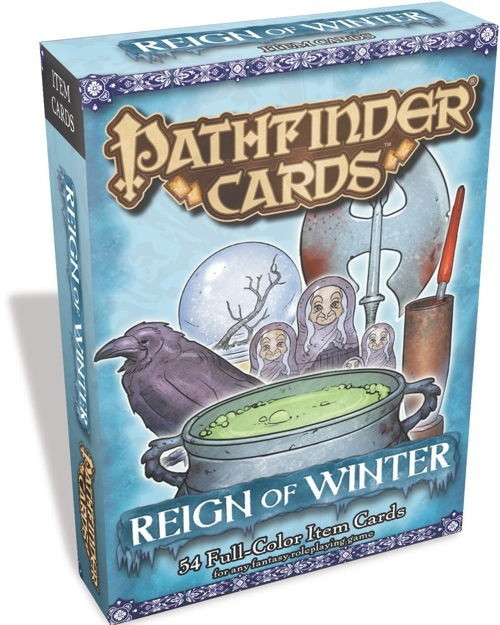 Pathfinder Cards: Reign of Winter Item Cards product image has a cover image of a raven, a cauldron of bubbling green stuff, an axe, some matryoshka dolls, and a few other treasures.